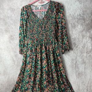 J. Crew Green Floral Long-Sleeve Smocked Maxi Dress